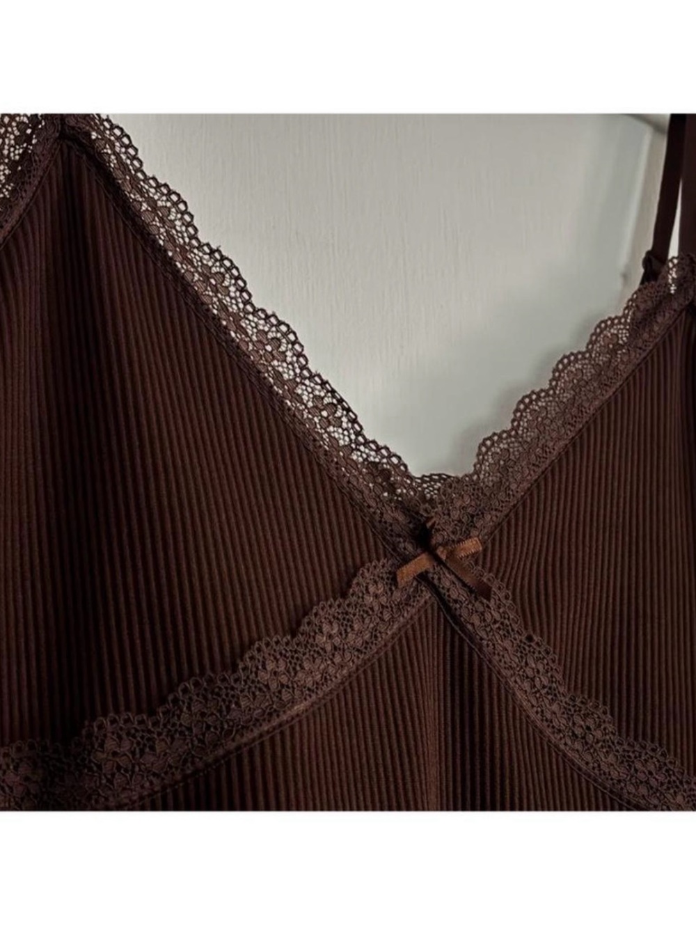 Women’s Brown Lace Trim Ribbed Slip Mini-Dress